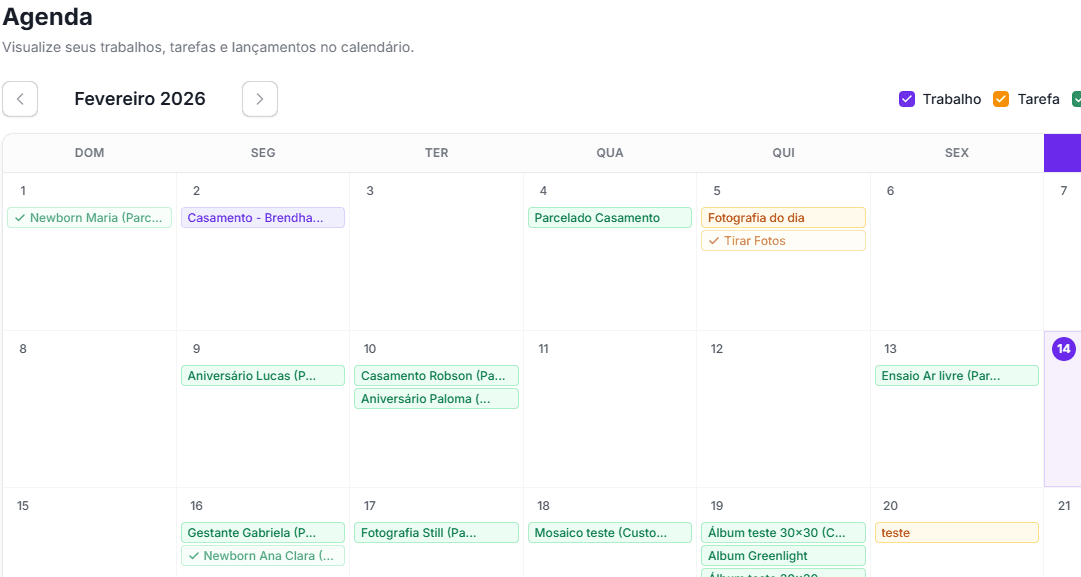 Agenda Inteligente - Calendário mensal com trabalhos, tarefas e pagamentos integrados