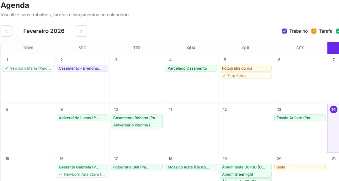 Agenda Inteligente - Calendário mensal com trabalhos, tarefas e pagamentos integrados