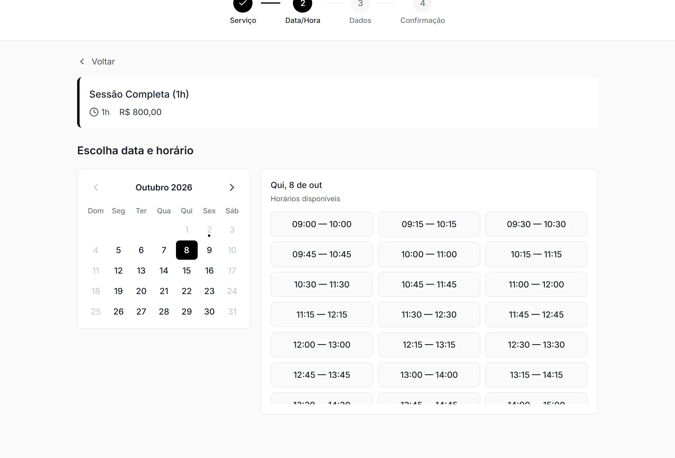 Página de agendamento online do estúdio com o serviço escolhido, calendário do mês e horários disponíveis
