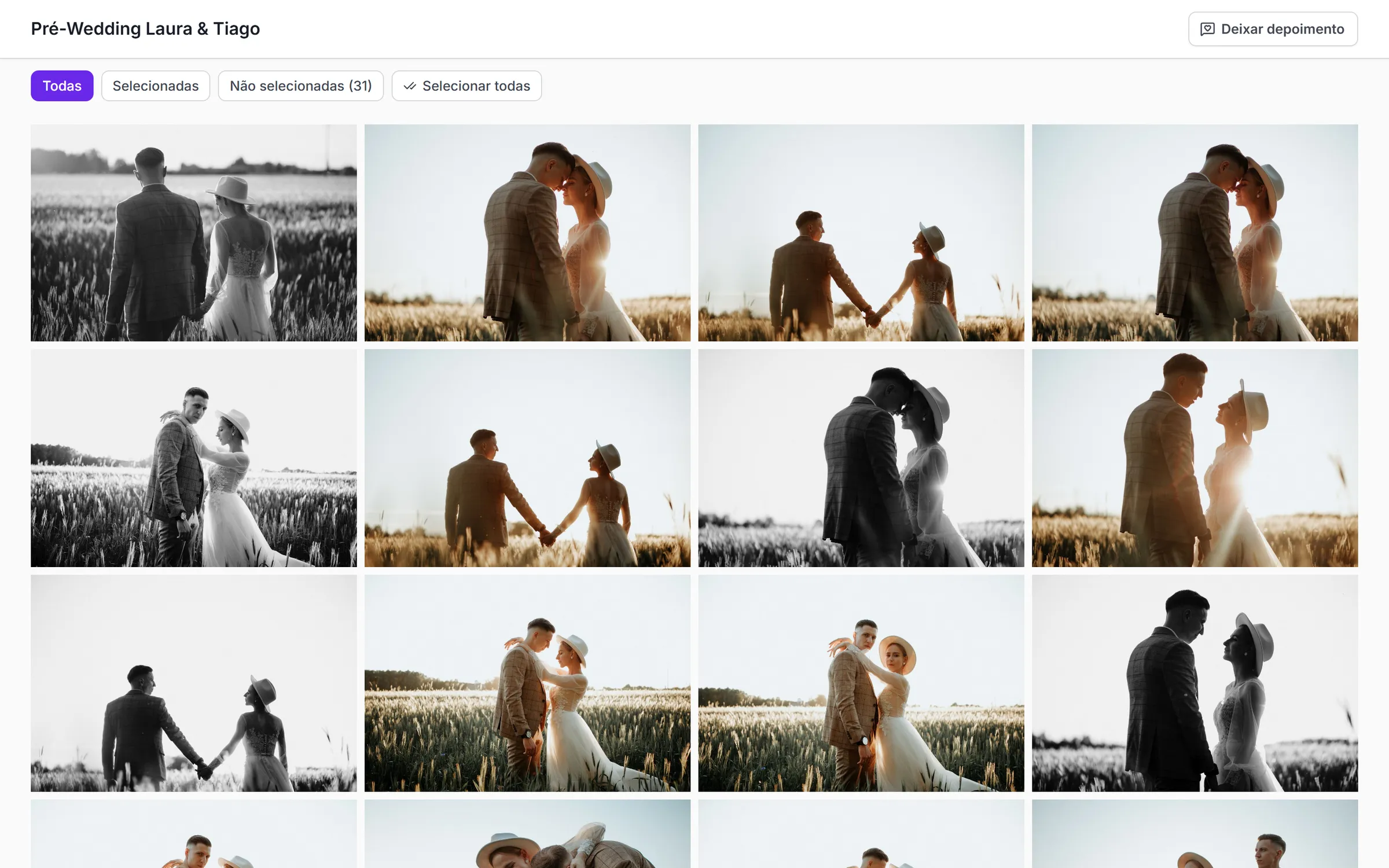 Galeria do Seleto com as fotos de um pré-wedding e as opções para o cliente marcar as selecionadas