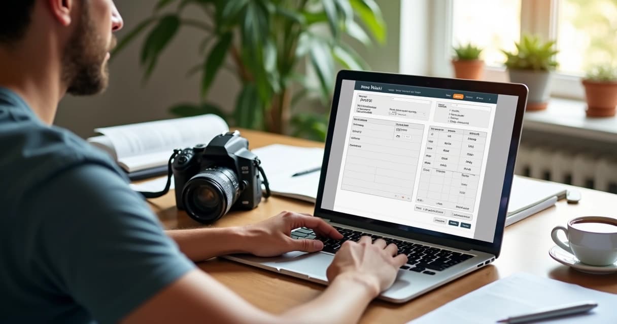 Fotógrafo sentado em mesa com laptop emitindo nota fiscal digital, papéis organizados e câmera fotográfica ao lado