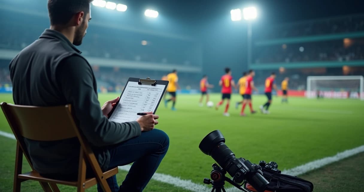 Fotógrafo esportivo preenchendo checklist de preços na lateral de campo de futebol