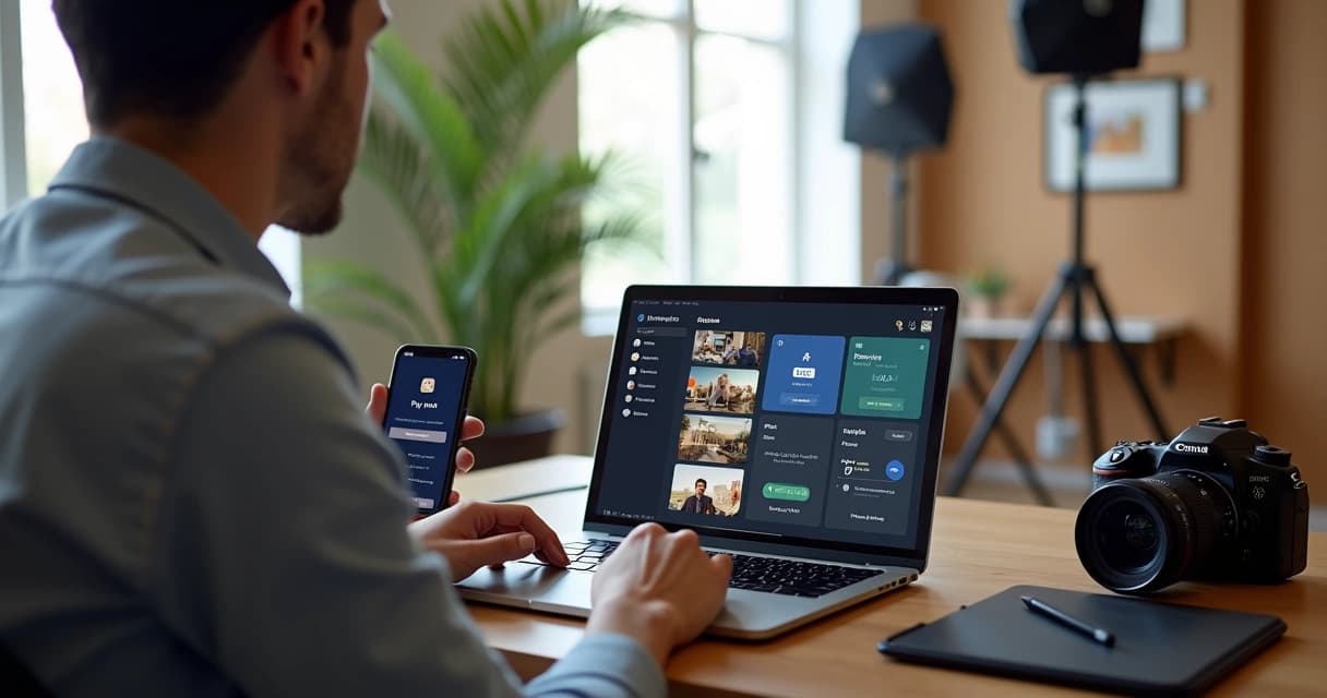 Fotógrafo usando notebook com fotos e painel de pagamento integrados na tela