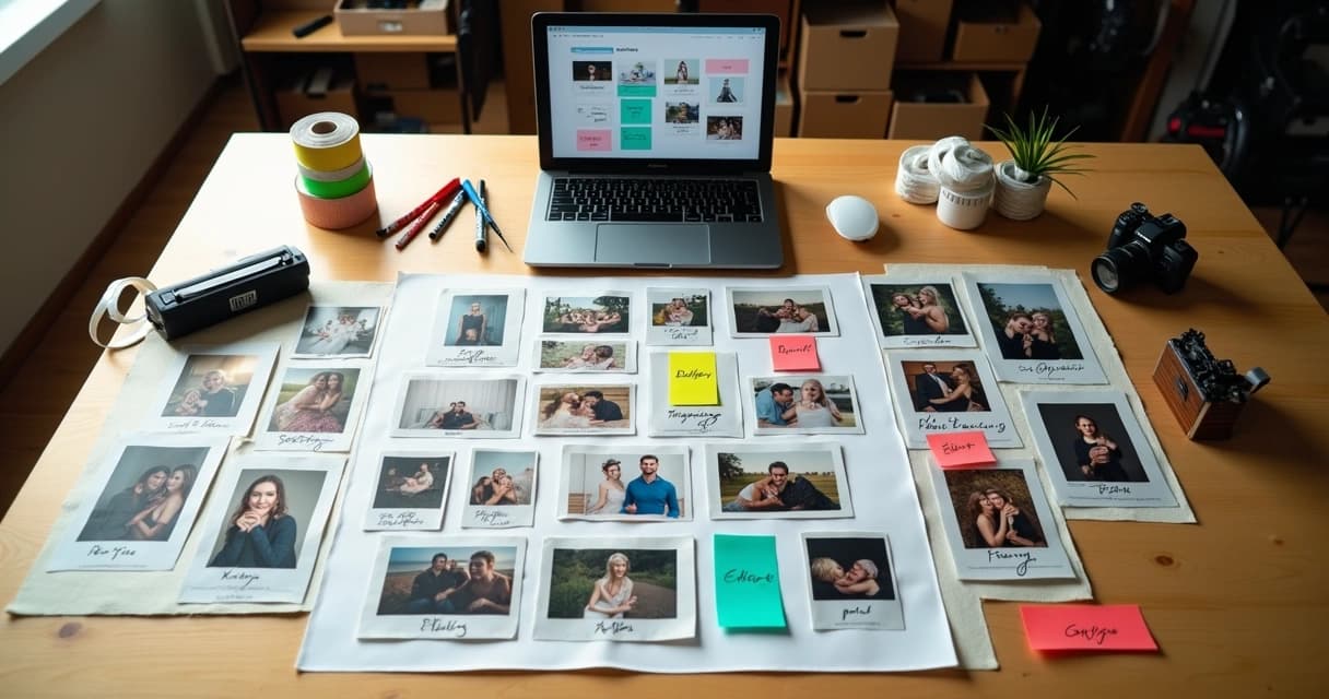 Mesa de fotógrafo vista de cima com etiquetas coloridas e fotos organizadas em grupos