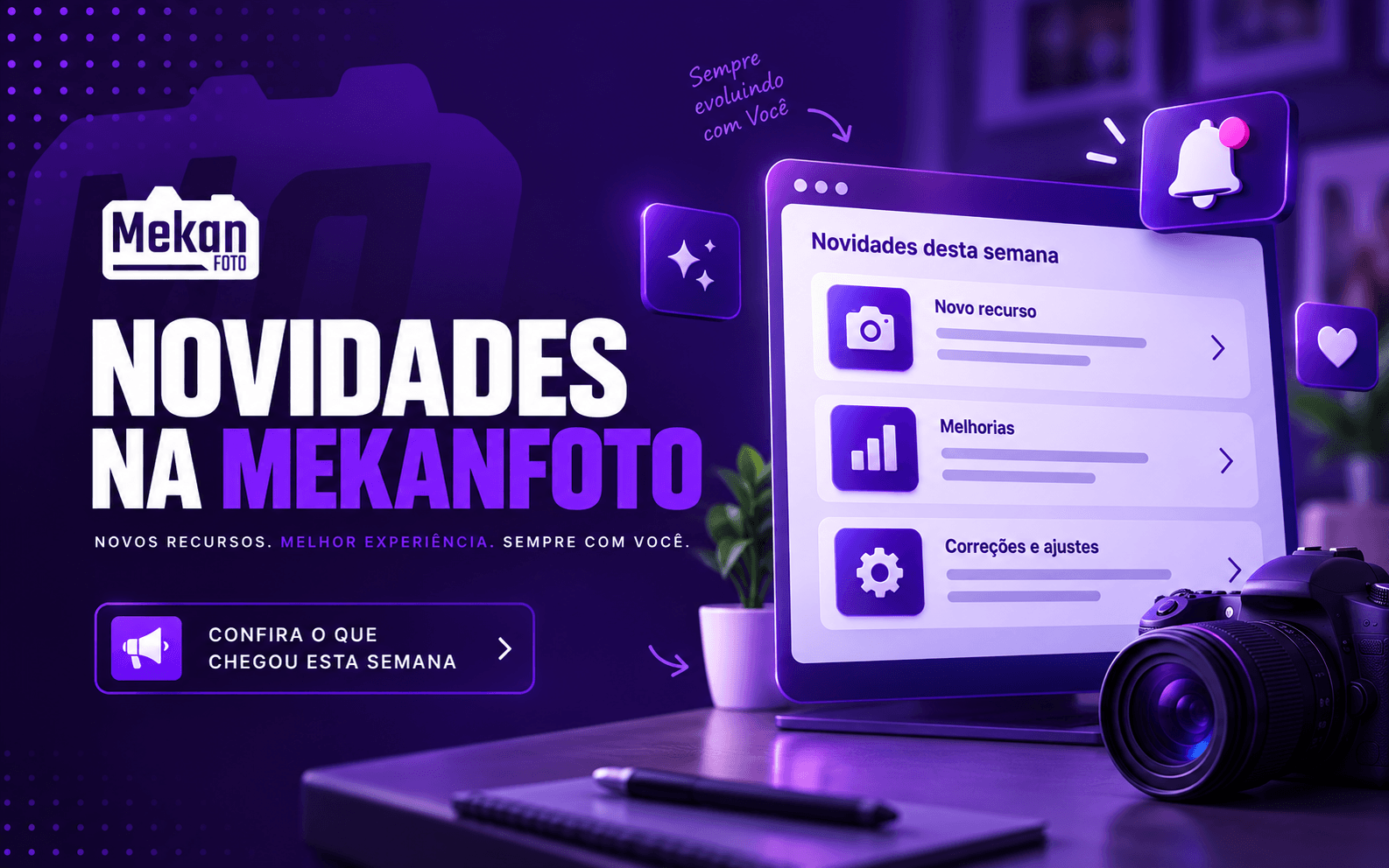 Arte roxa da Mekan Foto com novidades da semana, melhorias e correções exibidas em uma tela