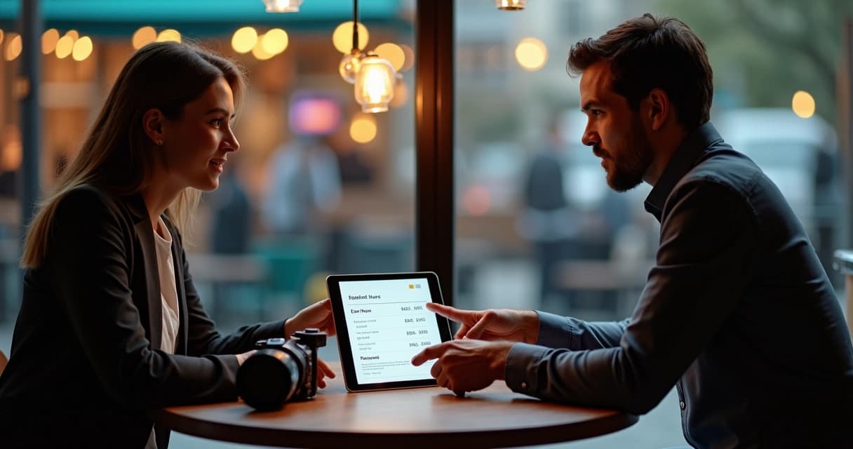 Fotógrafo mostra tablet com contrato de hora extra para cliente em café moderno