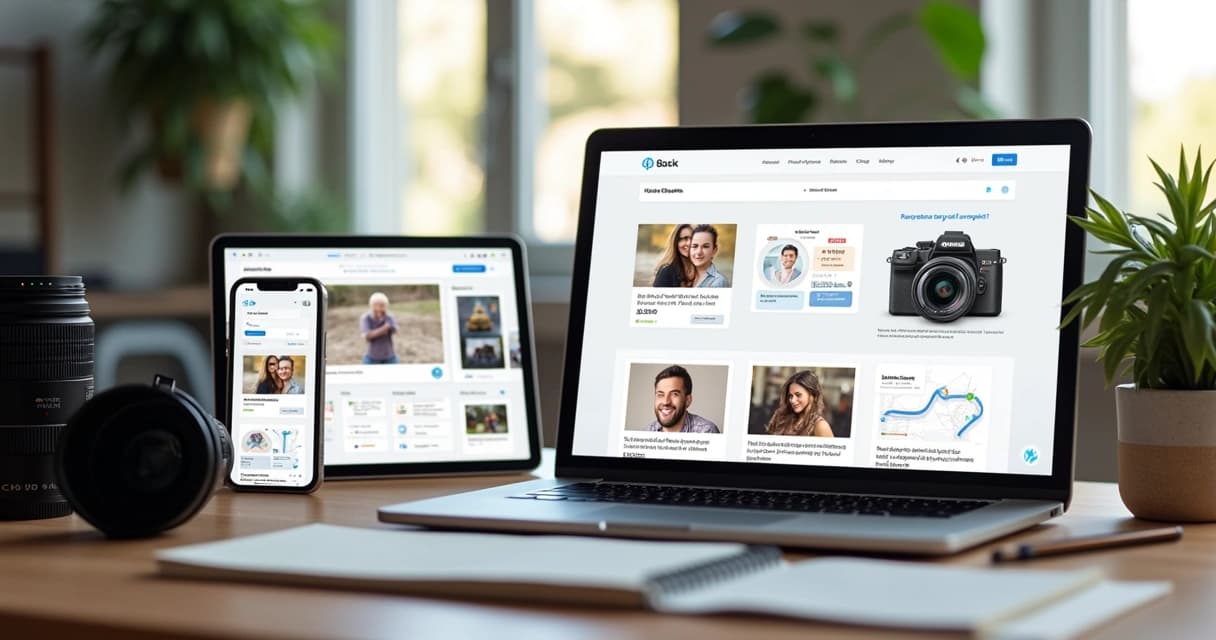 Computadores e dispositivos mostrando diferentes plataformas de marketing digital para fotógrafos em ambiente de trabalho organizado
