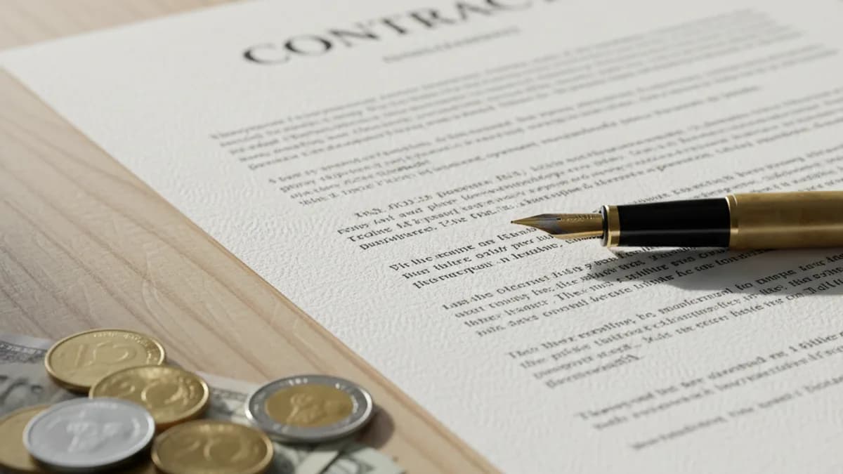 Contrato impresso em papel sobre mesa de madeira com caneta e dinheiro ao lado, representando proteção legal e custos em serviços fotográficos