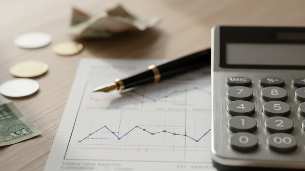 Mesa de trabalho com recibo, calculadora, moedas e notas, representando a documentação fiscal e cálculos tributários da reforma