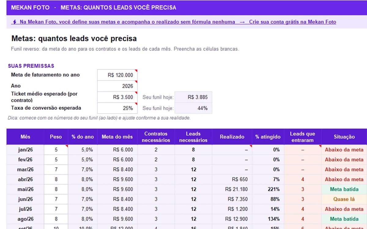Aba Metas: A meta de faturamento do ano convertida em fechamentos e leads por mês.