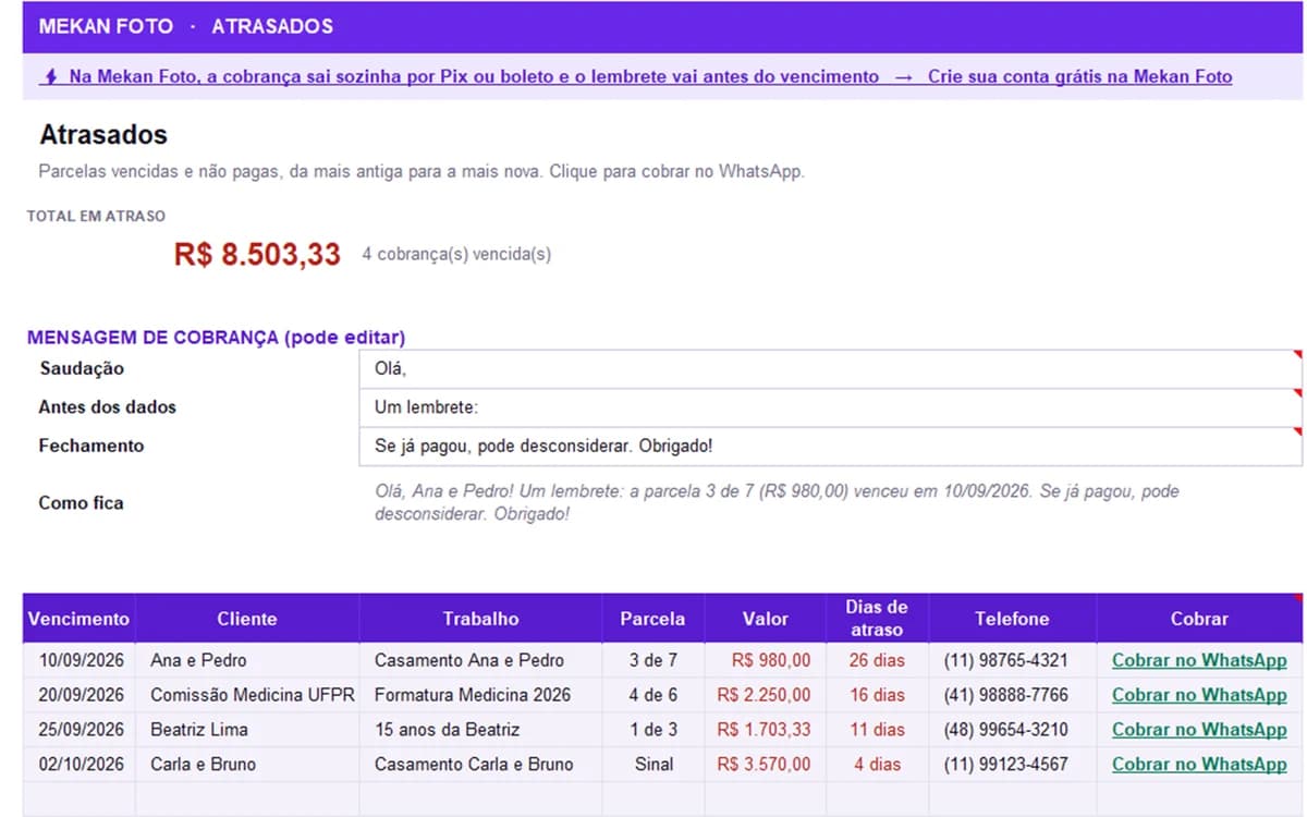 Aba Atrasados: Parcelas vencidas com os dias de atraso e um link para cobrar no WhatsApp com a mensagem pronta.